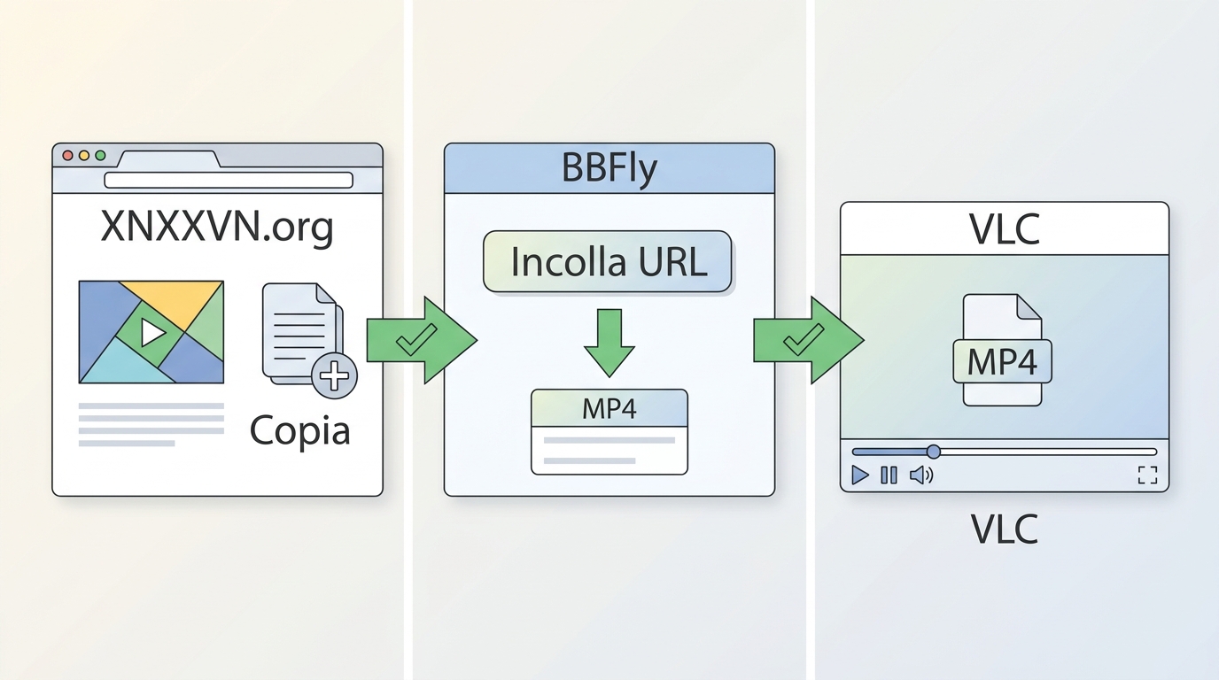 Procedura BBFly per copiare un URL XNXXVN.org, scegliere MP4 e controllare il file in VLC.