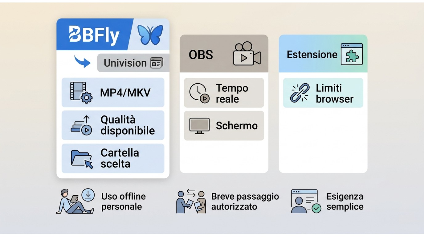 Confronto tra BBFly, OBS e estensioni per video Univision: file locale, tempo e qualità.