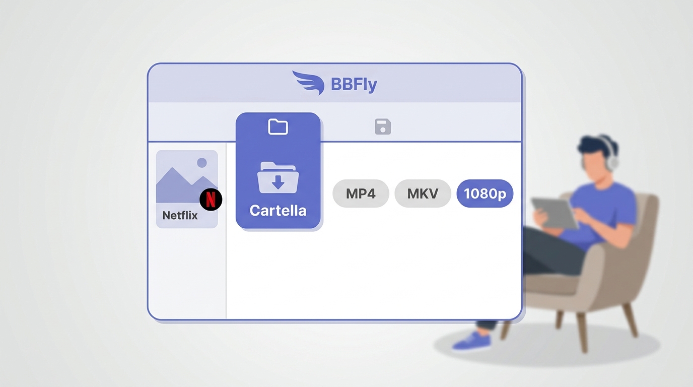BBFly Netflix Downloader con cartella locale selezionata e opzioni MP4, MKV e 1080p.