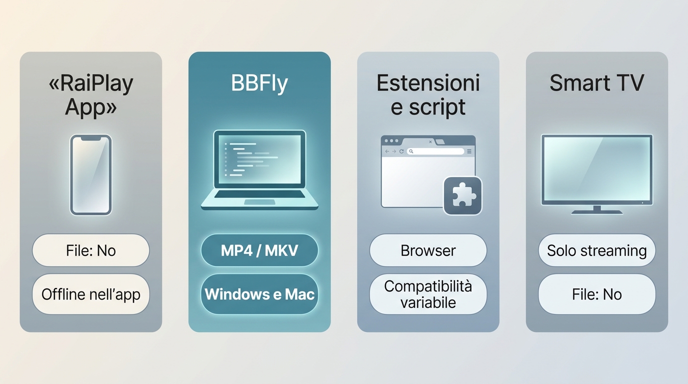 Confronto fra app RaiPlay, BBFly, estensioni browser e Smart TV per file e compatibilità.
