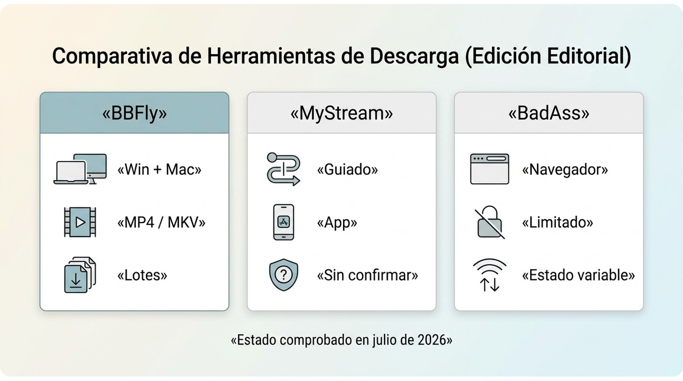 Comparación de BBFly, MyStream y BadAss Downloader por compatibilidad, flujo y estado.