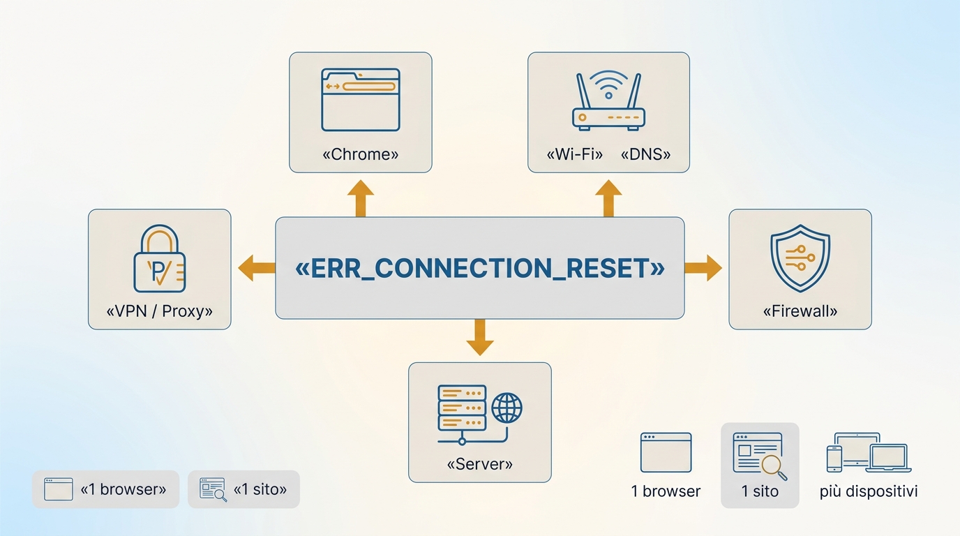 Cause di ERR_CONNECTION_RESET tra Chrome, rete Wi‑Fi, VPN, protezioni e sito remoto.