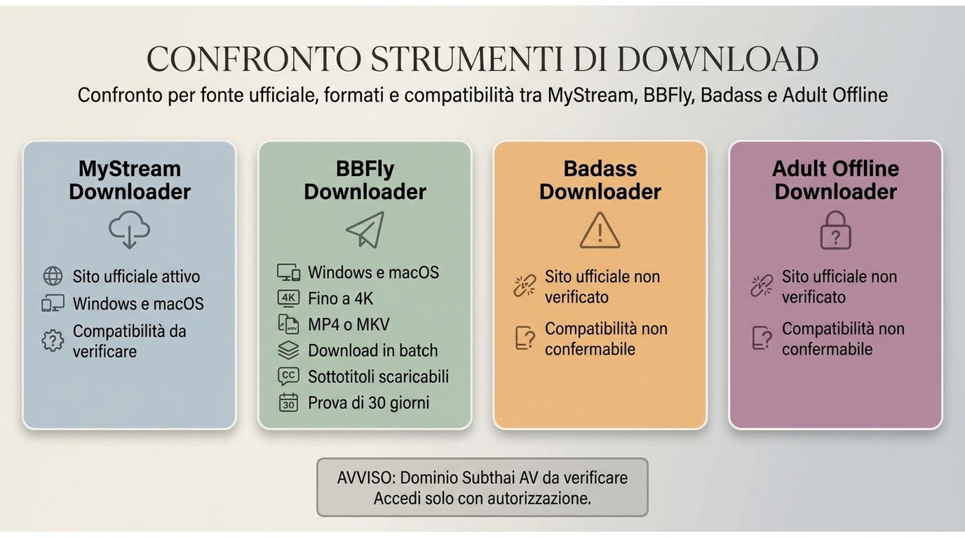 Confronto tra MyStream, BBFly, Badass e Adult Offline per fonte ufficiale, formati e compatibilità.