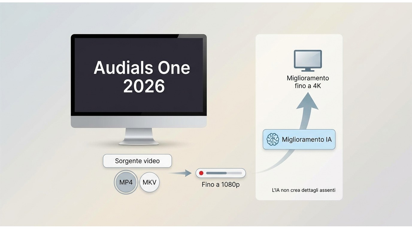 Flusso Audials One 2026 da registrazione fino a 1080p a miglioramento IA fino a 4K.