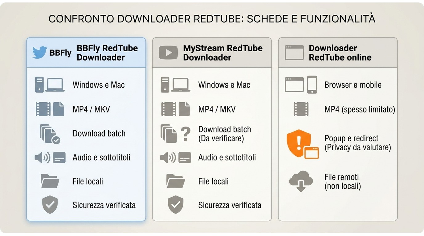Confronto tra BBFly, MyStream e downloader RedTube online per dispositivi, file e privacy.