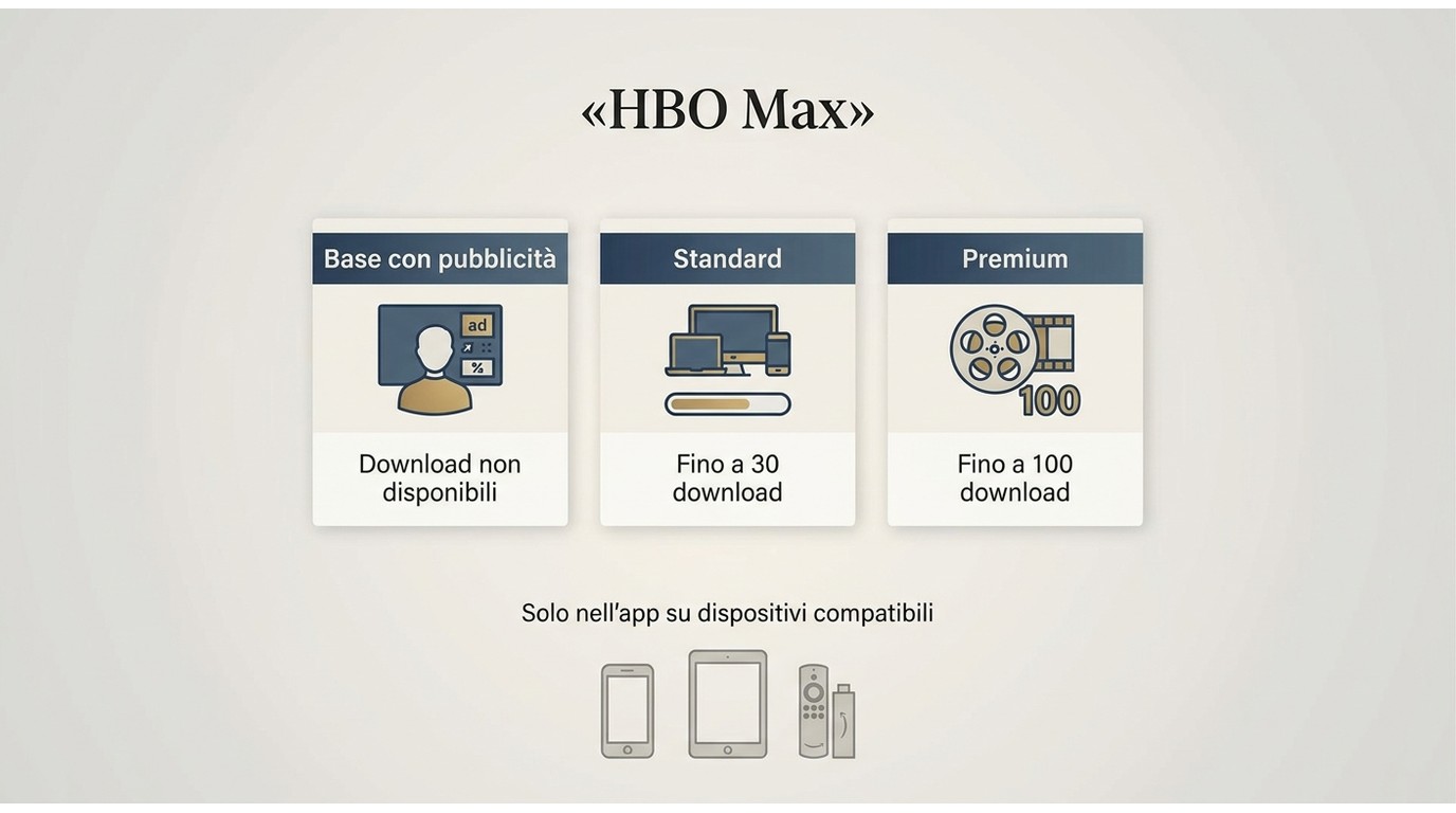 Confronto dei piani HBO Max: Base senza download, Standard 30 e Premium 100 download.