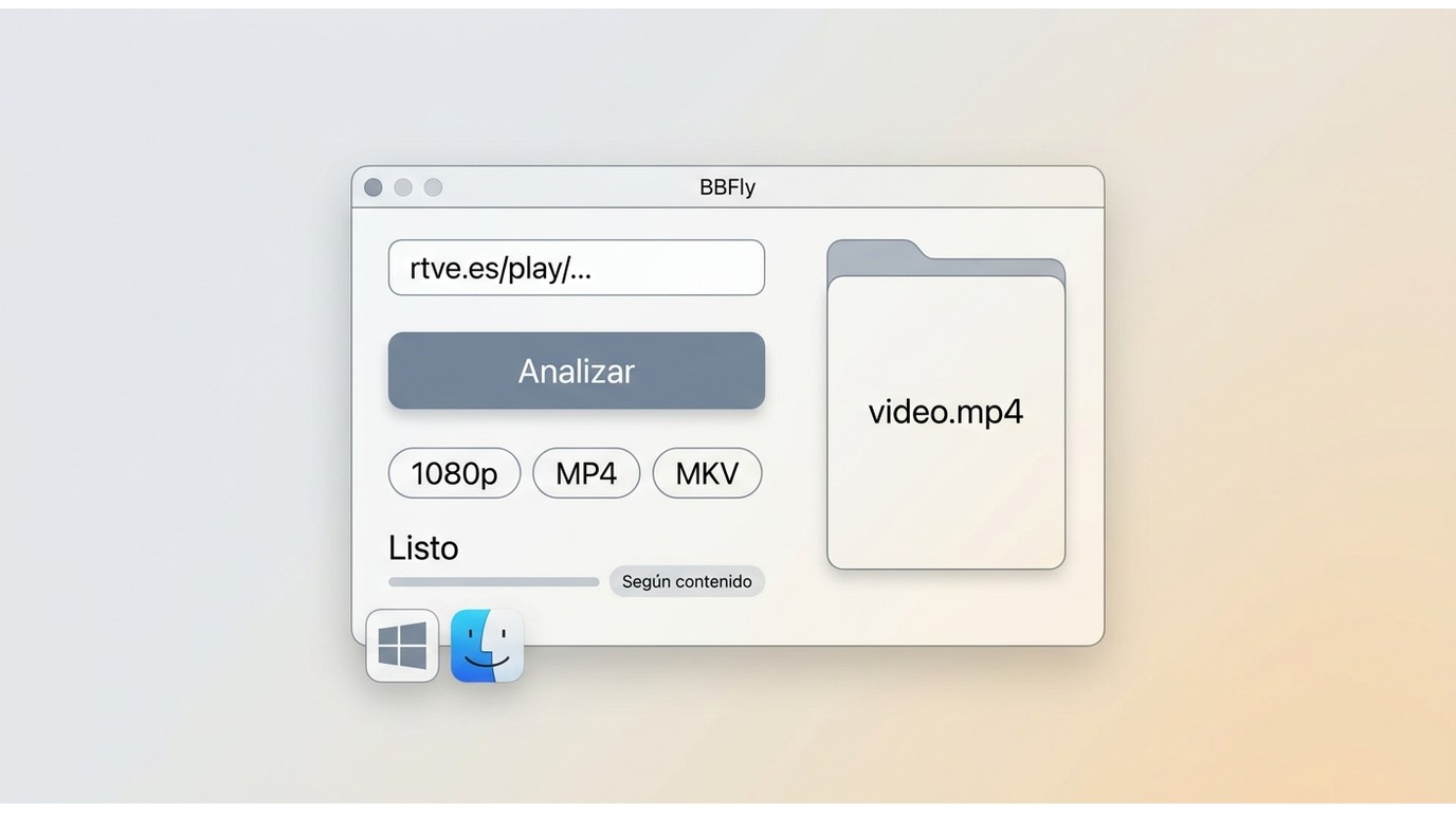 BBFly analiza una URL de RTVE Play y guarda un vídeo MP4 o MKV.