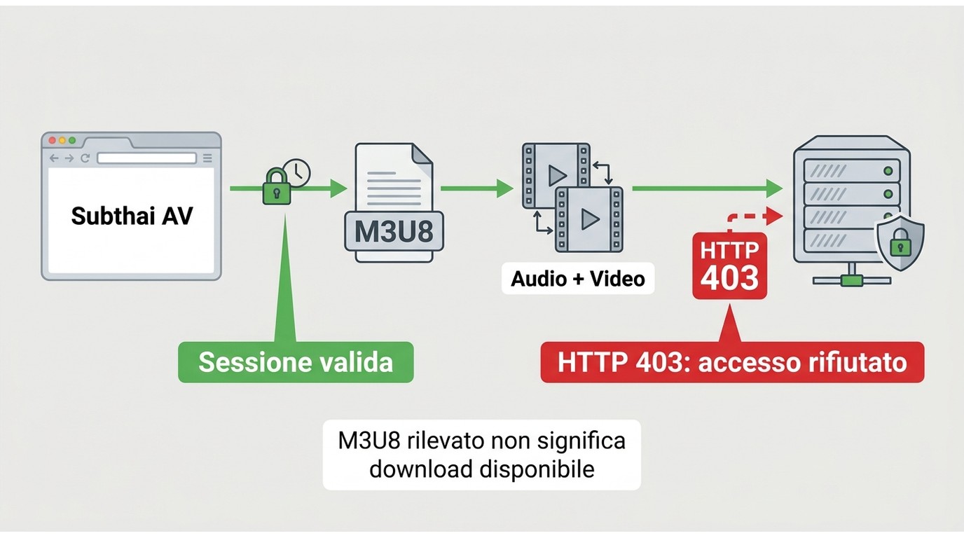 Flusso HLS M3U8 con sessione autorizzata, segmenti audio-video e possibile errore HTTP 403.