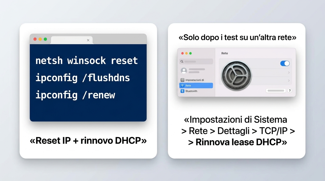 Reset rete avanzato: comandi Windows e rinnovo lease DHCP su macOS.