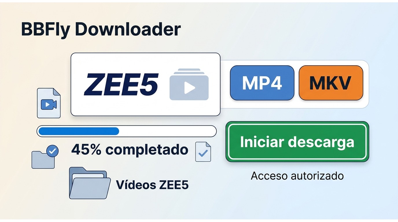 BBFly Downloader con ZEE5, selección MP4 o MKV y carpeta de salida local.