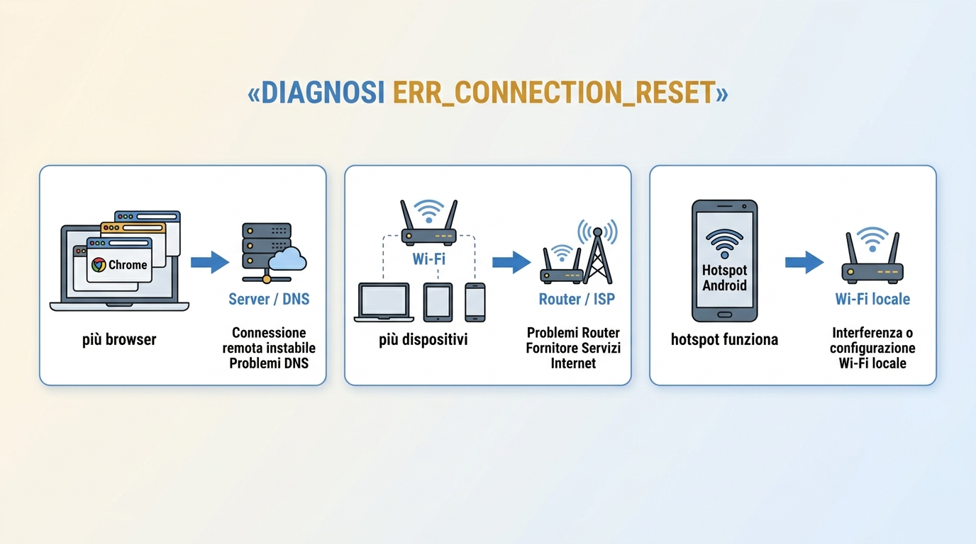 Diagnosi di ERR_CONNECTION_RESET con Chrome, Wi‑Fi, hotspot Android e server remoto.