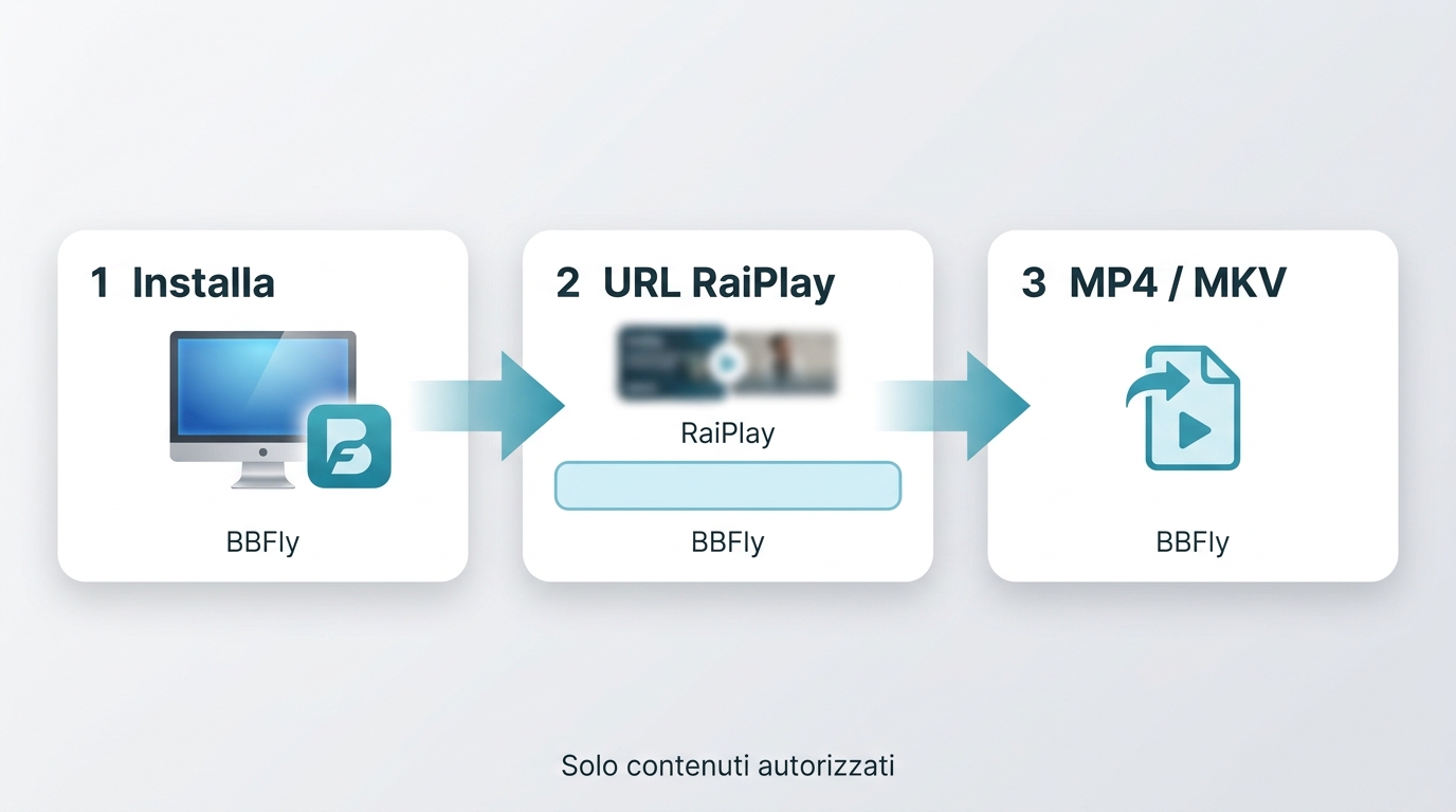 Procedura BBFly: installazione, URL RaiPlay e salvataggio MP4 o MKV autorizzato.