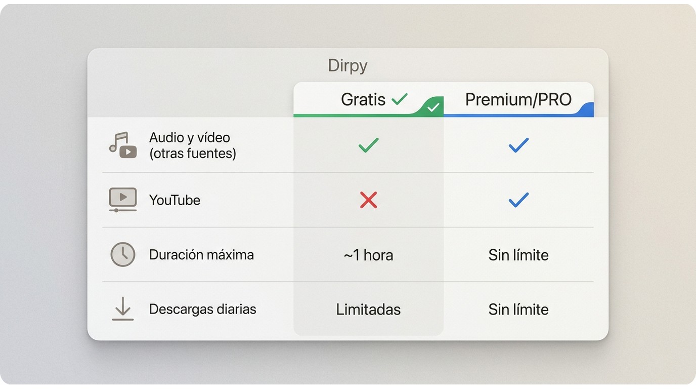 Comparativa Dirpy gratis vs Premium/PRO: YouTube, duración máxima y descargas diarias