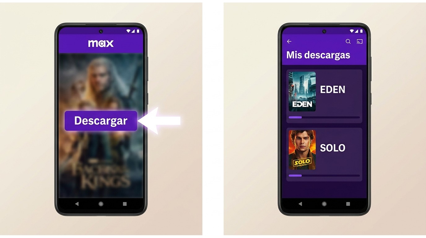 Pantalla de HBO Max en móvil mostrando el botón Descargar en la ficha del título y la sección Mis de