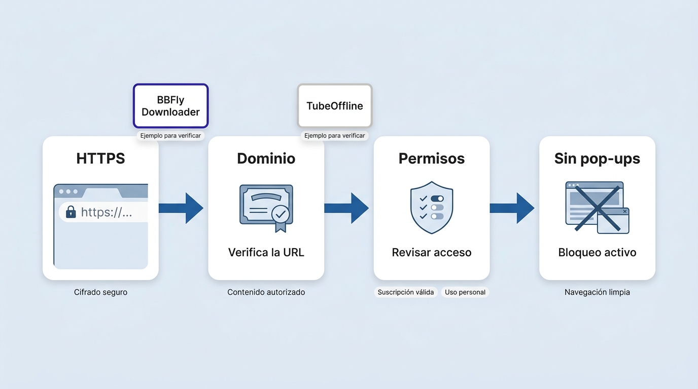 Pasos para comprobar dominio, HTTPS, permisos y redirecciones antes de descargar.