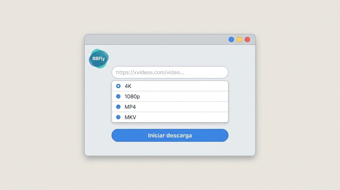 BBFly Downloader con URL de XVideos pegada y selector de formato MP4/MKV hasta 4K