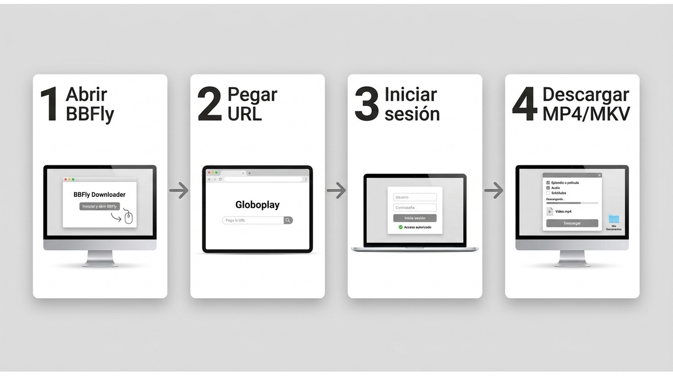 Proceso de 4 pasos para usar BBFly con Globoplay: abrir, pegar URL, iniciar sesión y descargar
