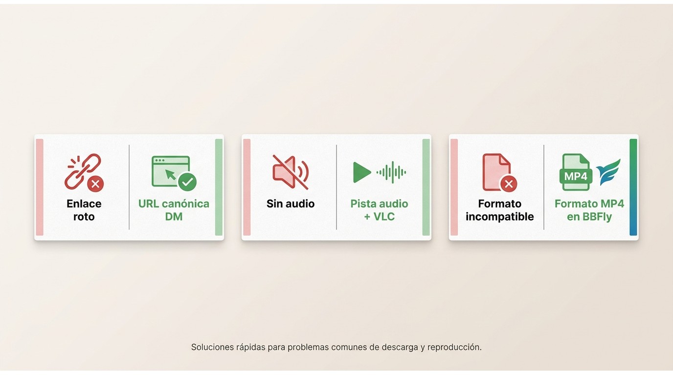 Diagrama de solución de errores en descarga de Dailymotion: enlace incorrecto, audio faltante o arch