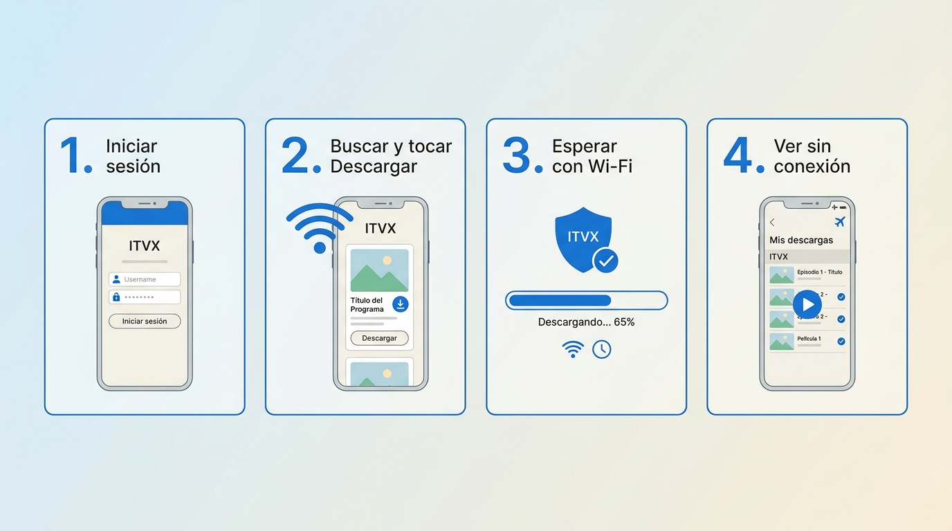 Flujo en 4 pasos para descargar en ITVX: iniciar sesión, tocar Descargar, esperar con Wi-Fi y reprod