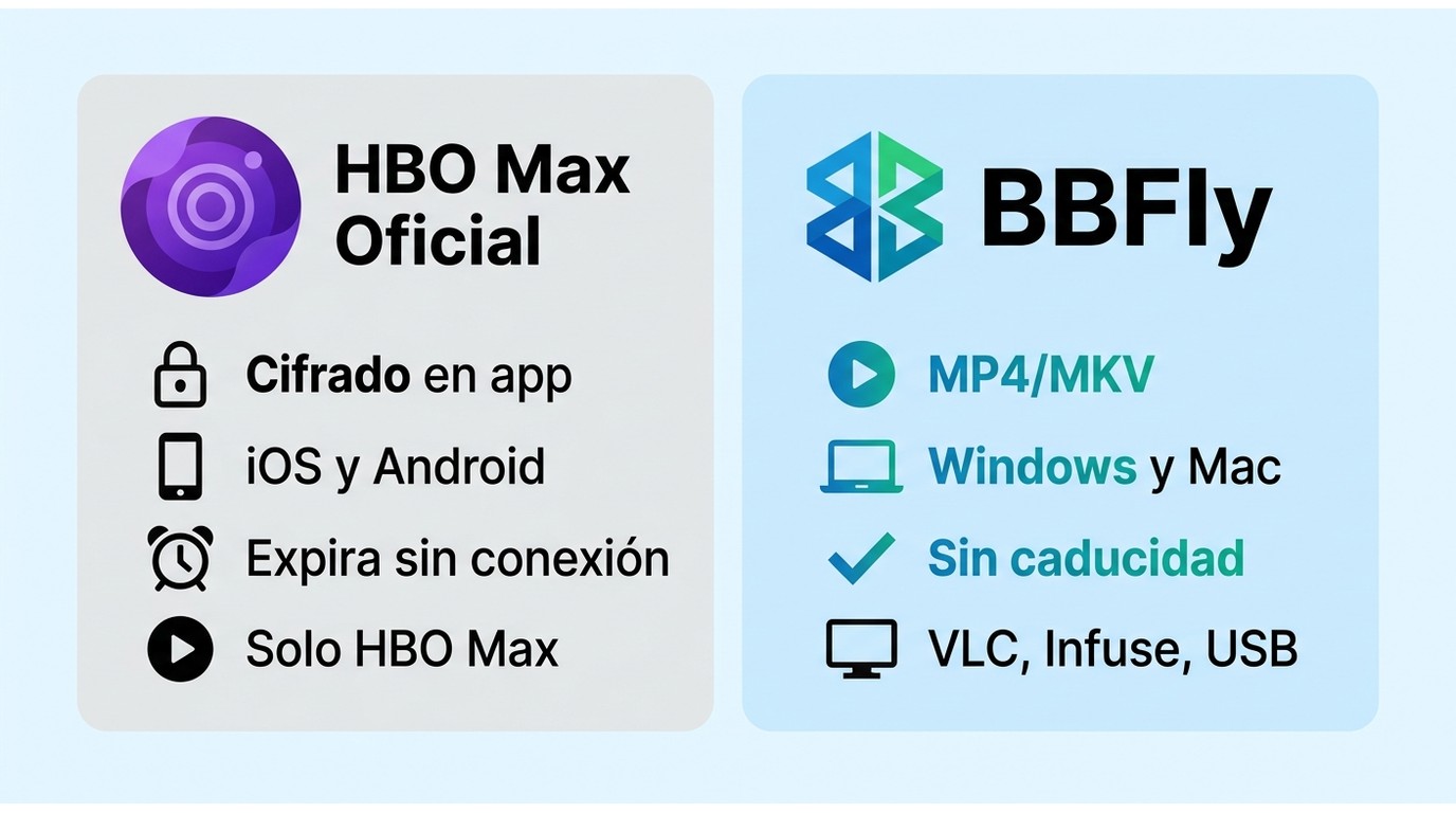 Comparativa HBO Max Oficial vs BBFly: formato, dispositivos, caducidad y reproductor compatible