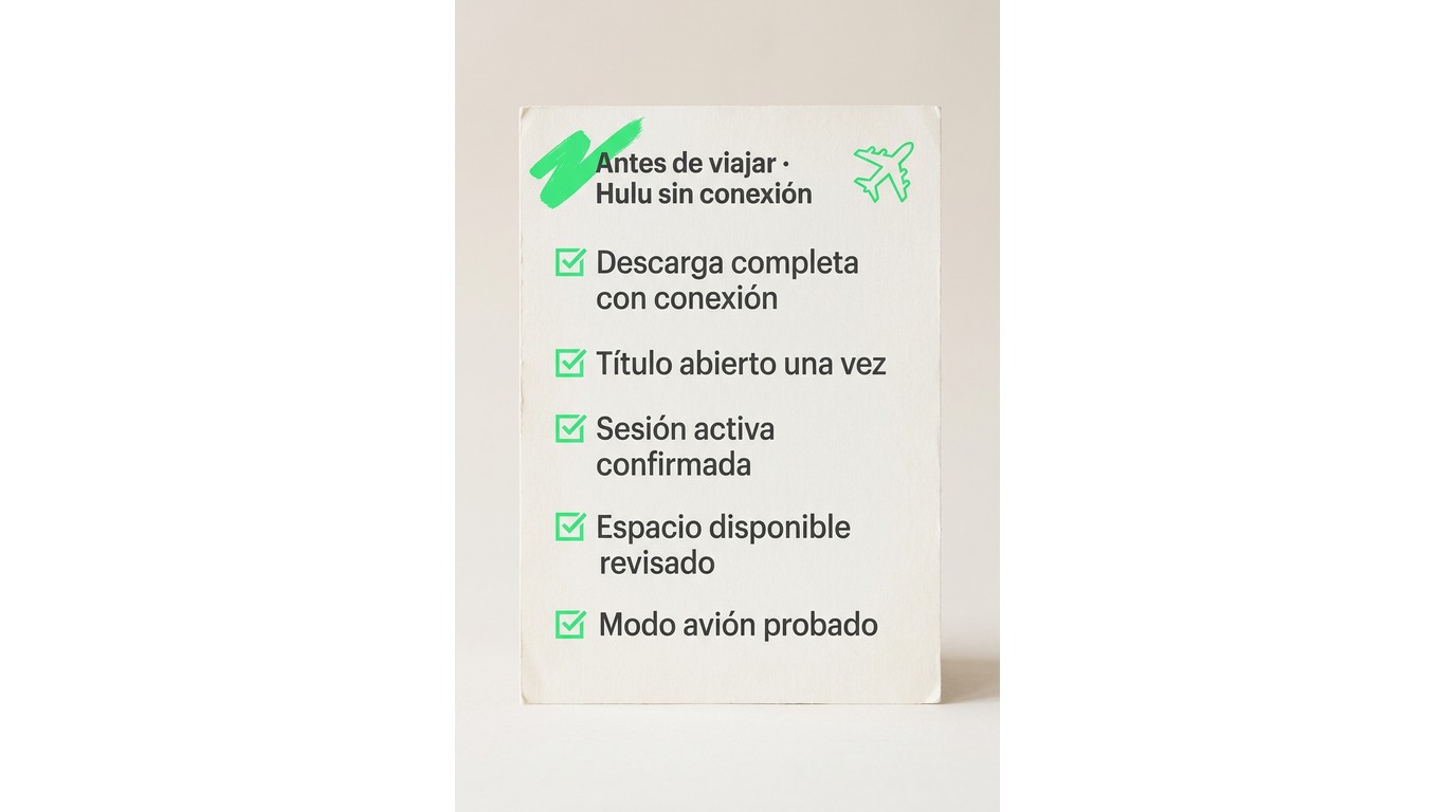 Checklist de cinco pasos antes de viajar con descargas de Hulu: conexión, sesión activa, espacio y p