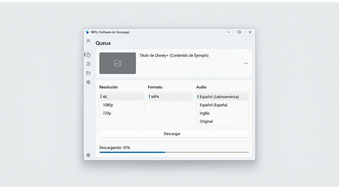 Interfaz de BBFly Disney Plus Downloader en Windows con selector de resolución 4K, pistas de audio y