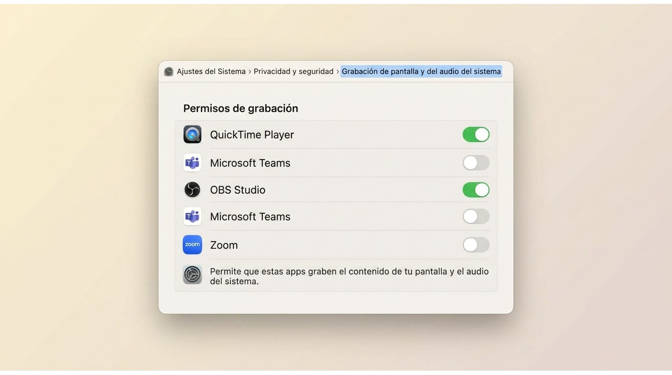 Ajustes del Sistema macOS mostrando permisos de Grabación de pantalla con QuickTime y OBS Studio act