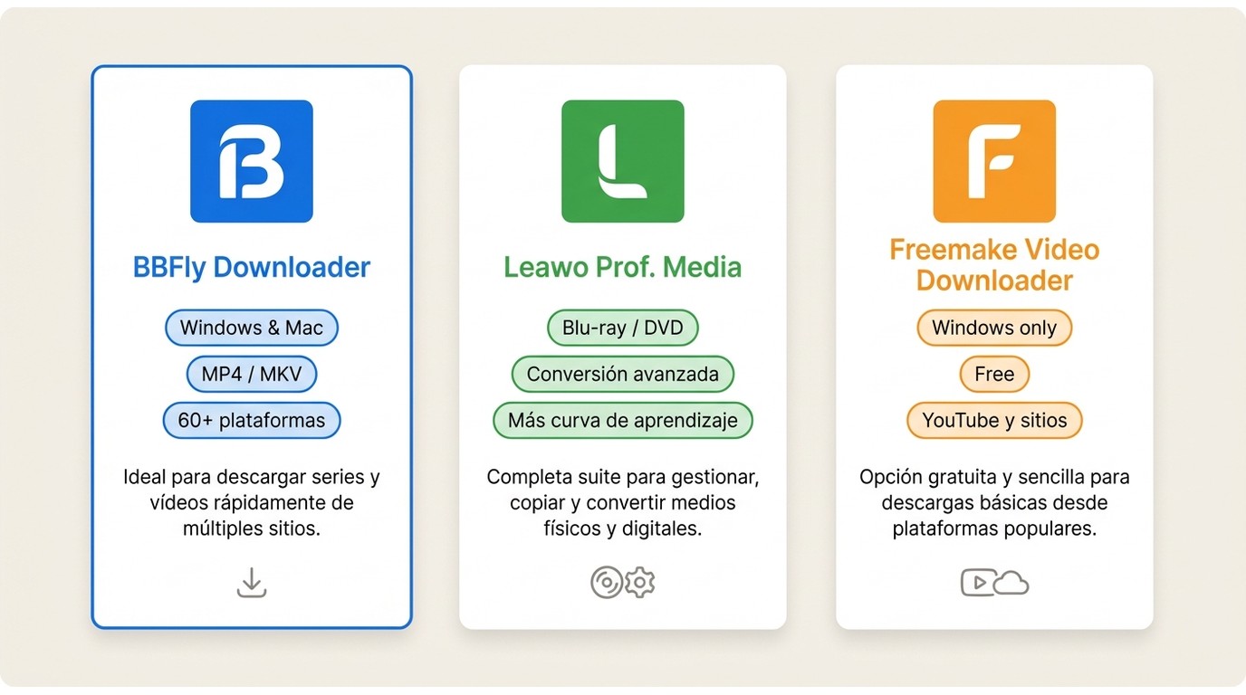 Comparativa de alternativas a Dirpy: BBFly Downloader, Leawo Prof. Media y Freemake Video Downloader