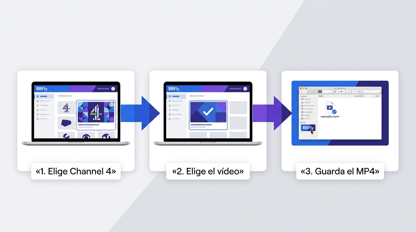 Pasos en BBFly para descargar Channel 4: seleccionar servicio, elegir vídeo y guardar archivo MP4 lo