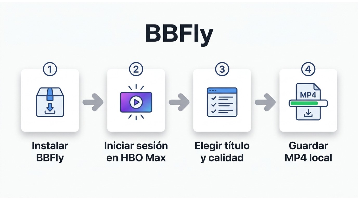 4 pasos para descargar HBO Max con BBFly: instalar, iniciar sesión, elegir título, guardar MP4
