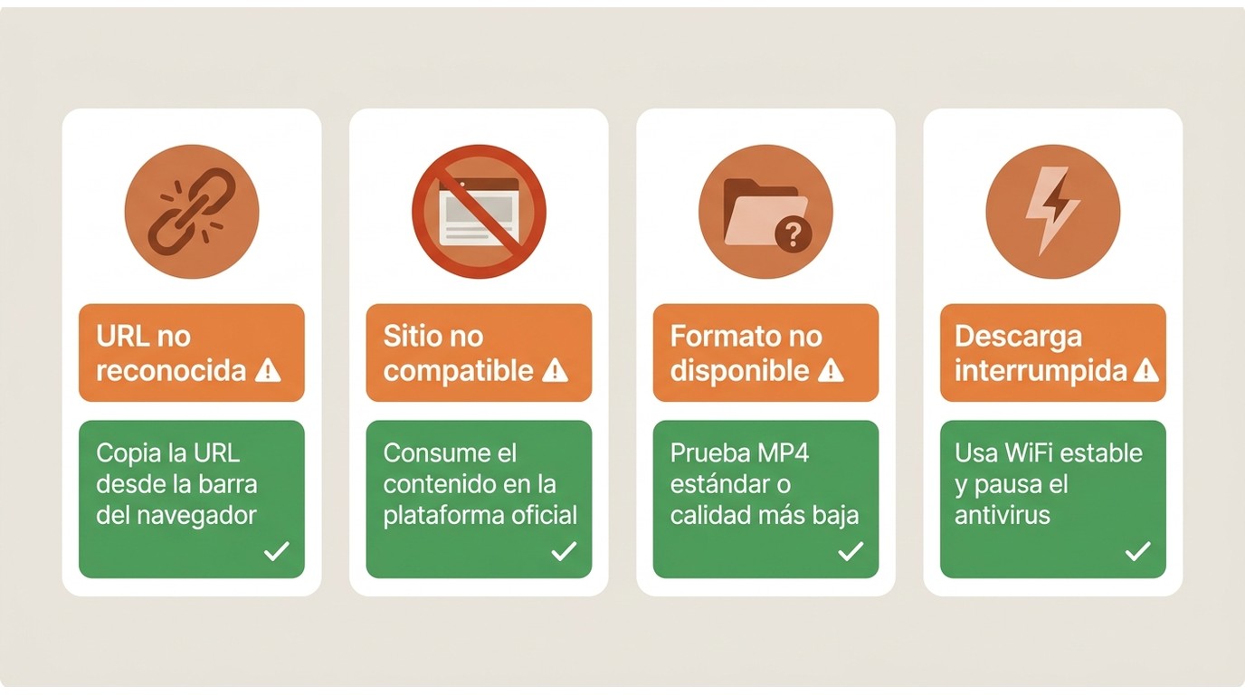 Guía de diagnóstico de errores en Video Cyborg: URL no reconocida, sitio incompatible, formato ausen