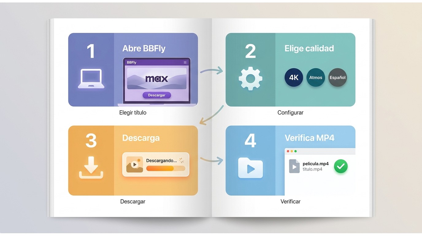Flujo BBFly HBO Downloader: elegir título en Max, configurar calidad 4K y audio, descargar y verific