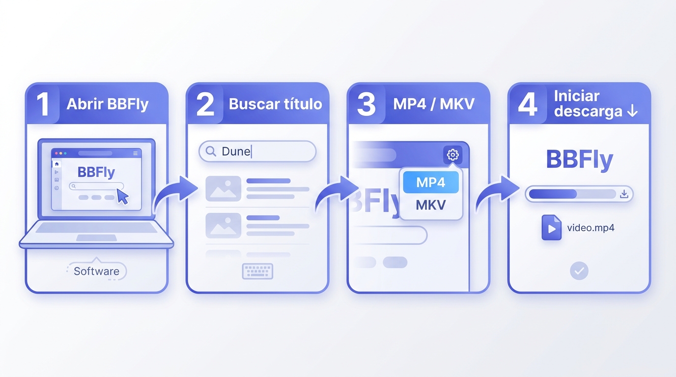 4 pasos para descargar Fandango at Home con BBFly en PC: abrir app, buscar título, elegir MP4 o MKV,