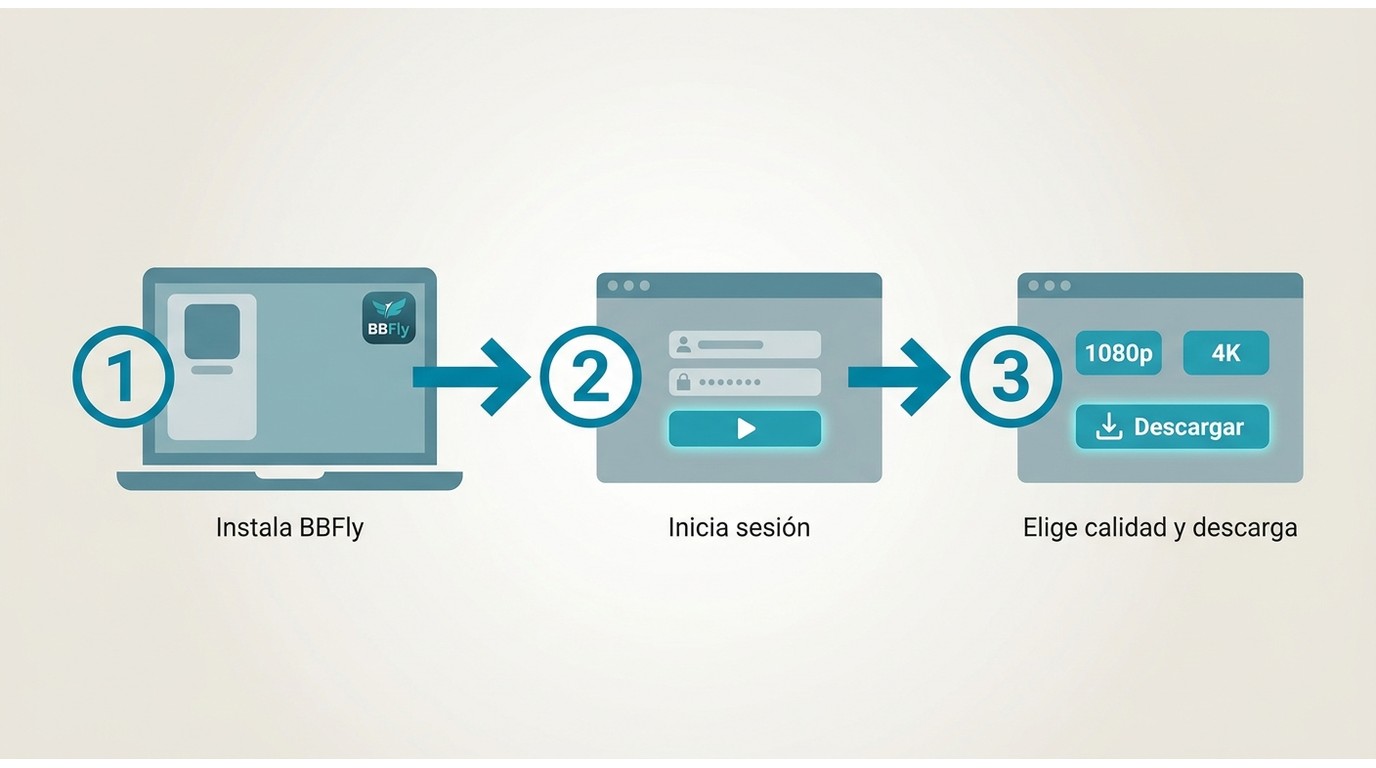 Flujo de 3 pasos para descargar con BBFly: instalar, iniciar sesión en Paramount+ y elegir calidad a