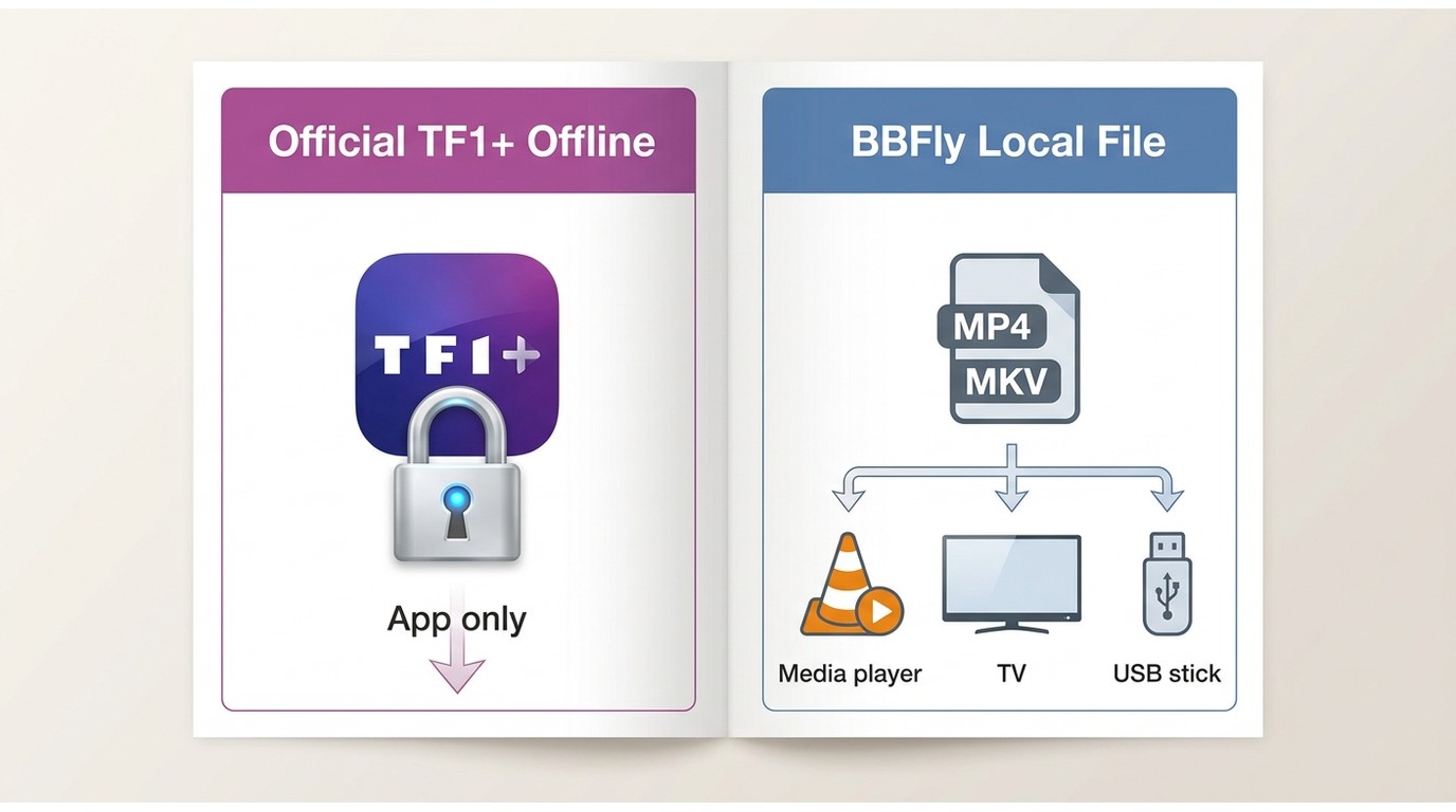 Official TF1+ offline download stays locked in-app; BBFly saves a movable MP4 or MKV