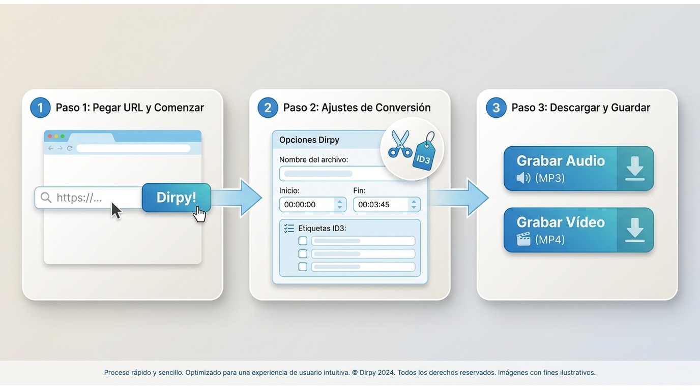 Flujo de uso de Dirpy: pegar enlace, configurar recorte e ID3, descargar MP3 o MP4