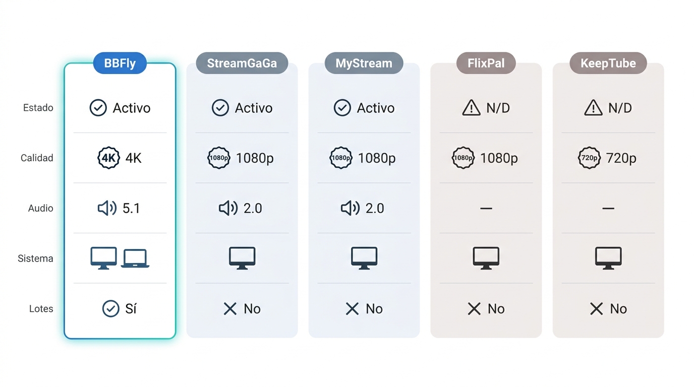 Comparativa de BBFly, StreamGaGa, MyStream, FlixPal y KeepTube: estado, calidad máxima, audio y sist