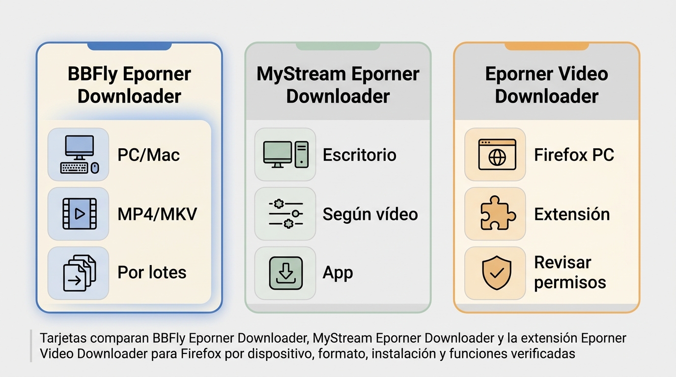 Comparación de BBFly, MyStream y extensión Firefox por formato, dispositivo y seguridad.