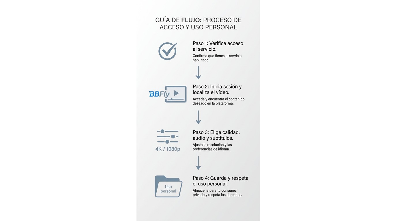 Flujo de 4 pasos para guardar vídeo autorizado con BBFly: verificar acceso, iniciar sesión, elegir c