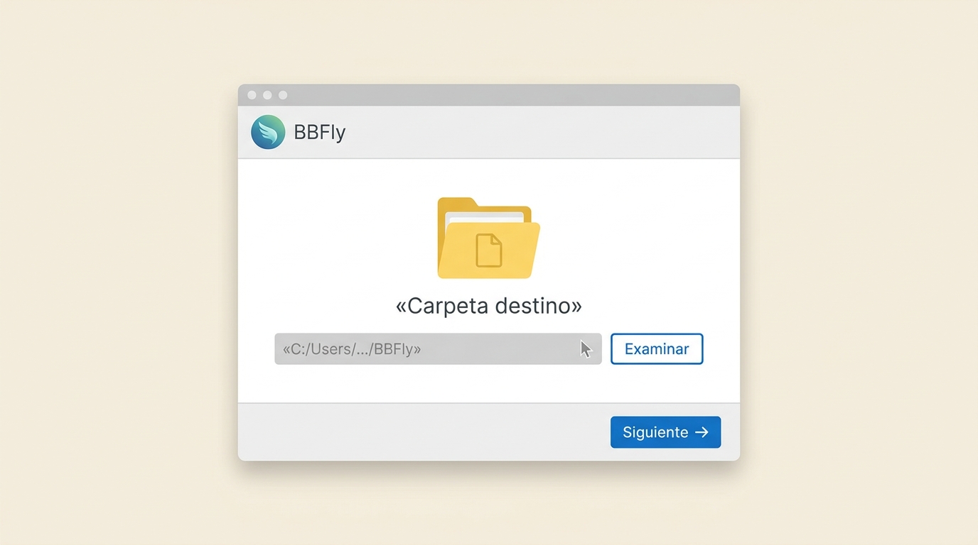 Asistente de instalación de BBFly mostrando el paso para elegir carpeta de destino en Windows