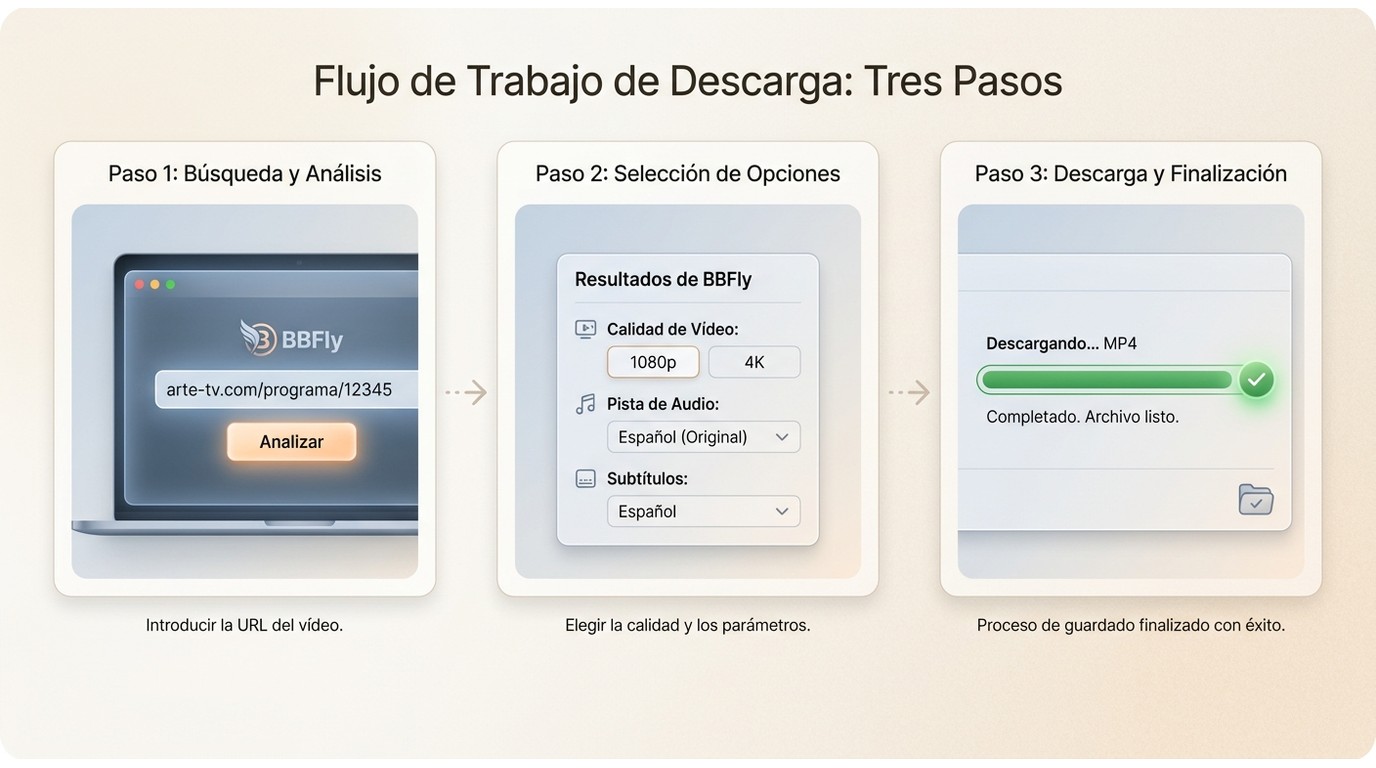 Flujo de descarga en BBFly ARTE Downloader: pegar URL de ARTE, elegir calidad 4K y subtítulos, y gua