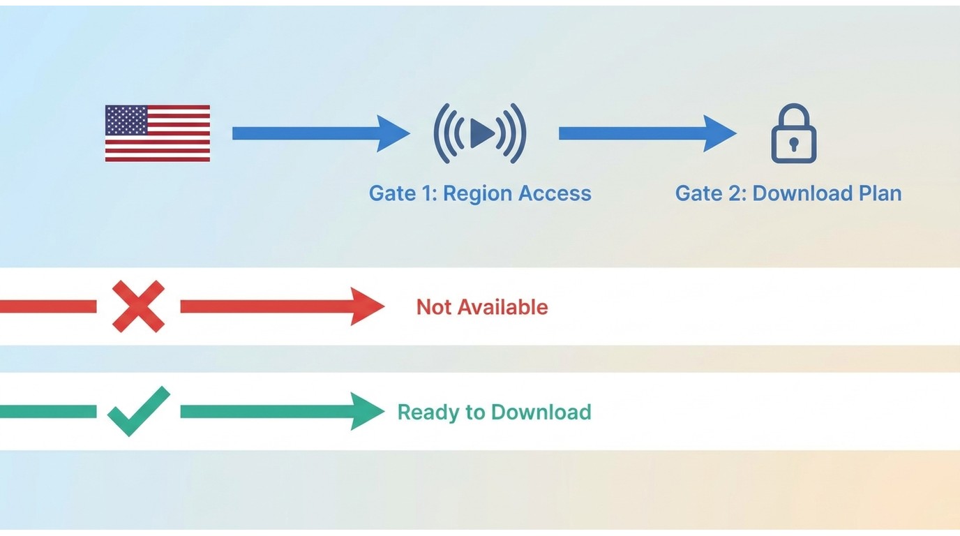 Two-step flowchart: US viewers must pass region access then download eligibility before saving ABEMA
