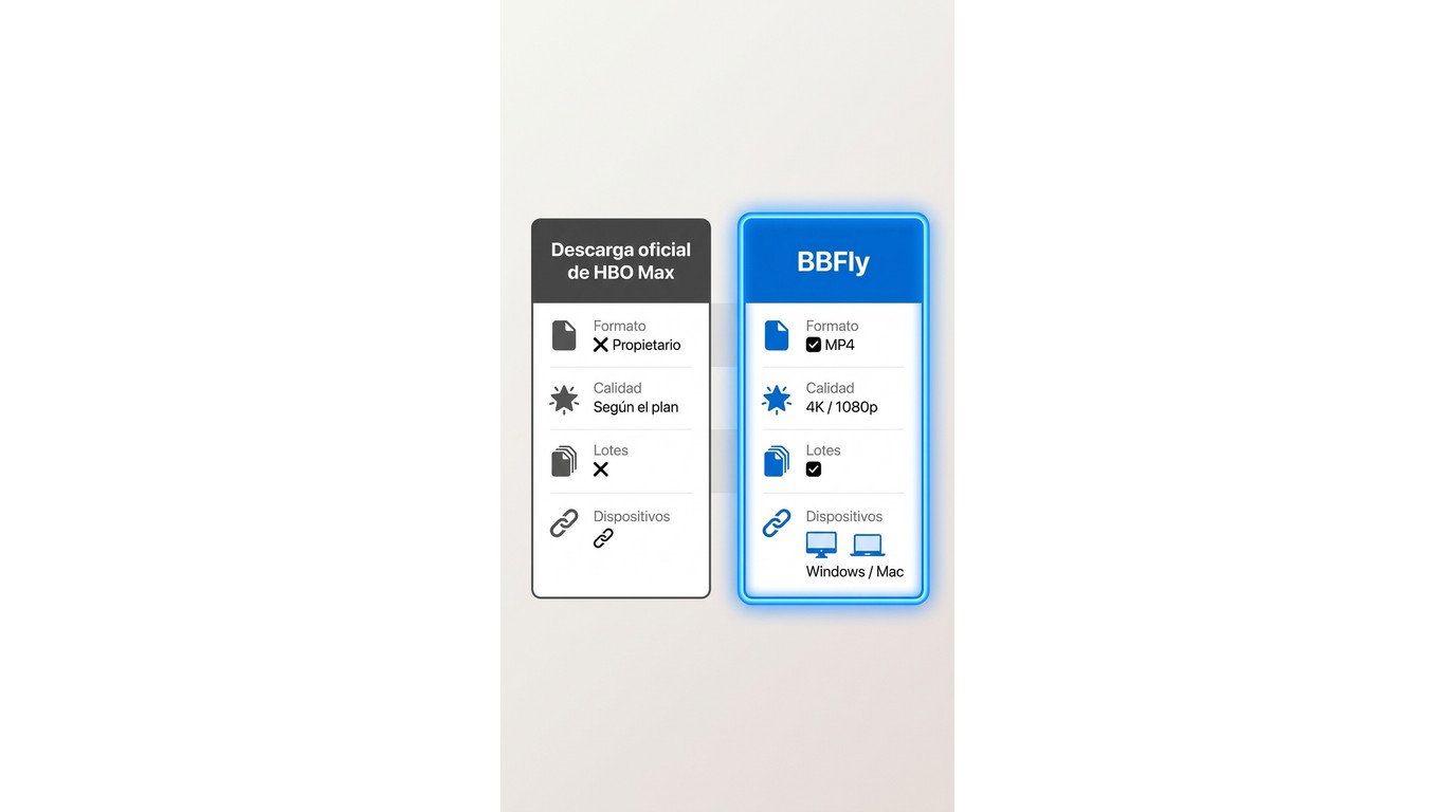 Comparación entre descarga oficial HBO Max y BBFly: formato MP4, calidad 4K y descarga por lotes