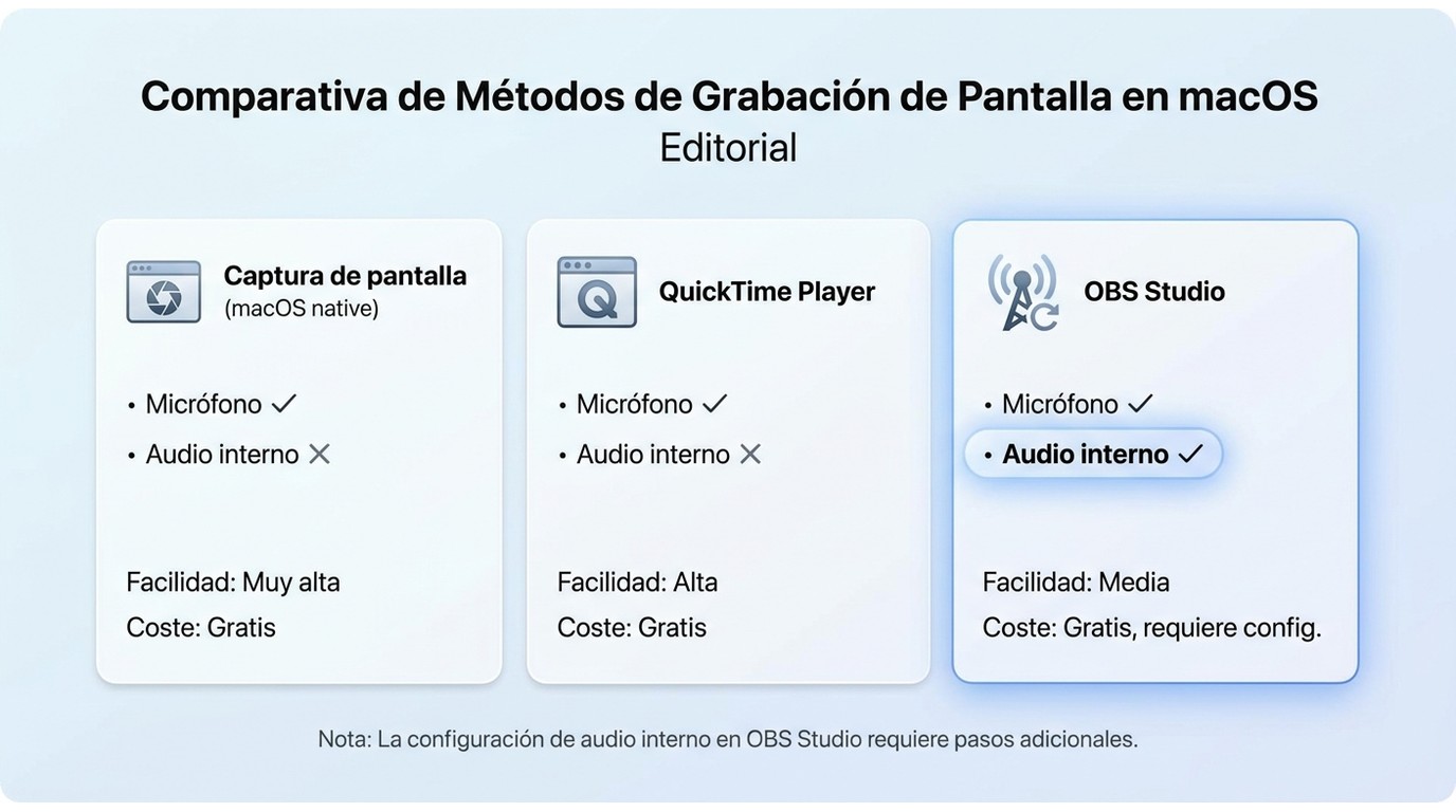 Comparación de Captura de pantalla, QuickTime Player y OBS Studio: solo OBS captura audio interno de