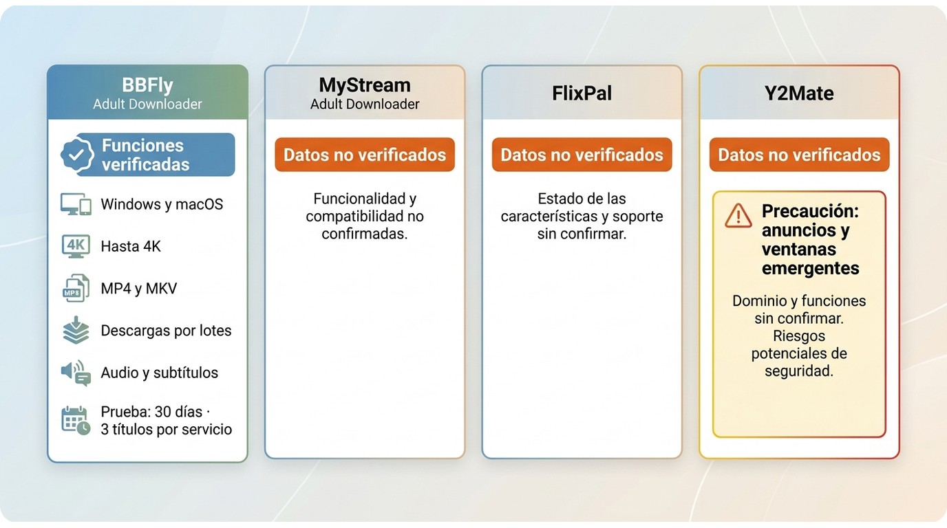 Comparación de BBFly, MyStream, FlixPal y Y2Mate por funciones, sistemas y verificación.