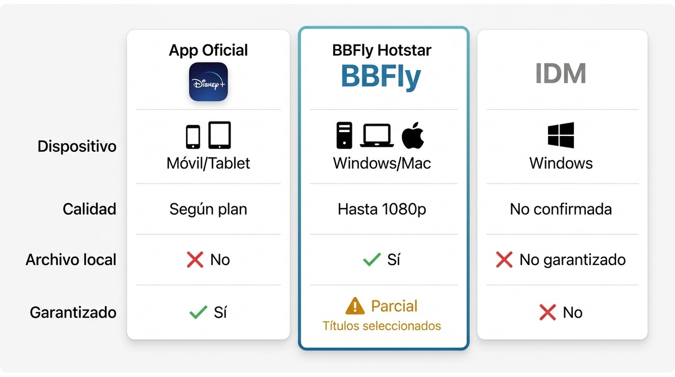 Comparación de App Oficial Disney+, BBFly Hotstar y IDM: dispositivo compatible, calidad máxima, arc