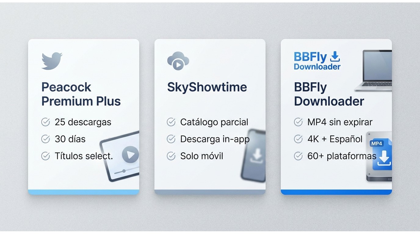 Comparación de Peacock Premium Plus, SkyShowtime y BBFly Downloader para ver NBC sin conexión desde