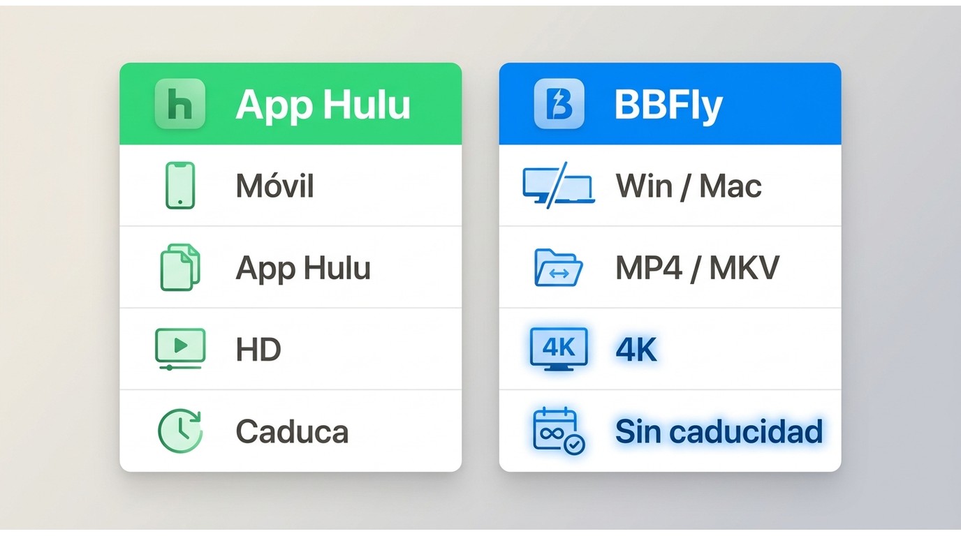 Comparación entre descarga oficial de Hulu y BBFly Hulu Downloader: dispositivos, formato MP4/MKV, r