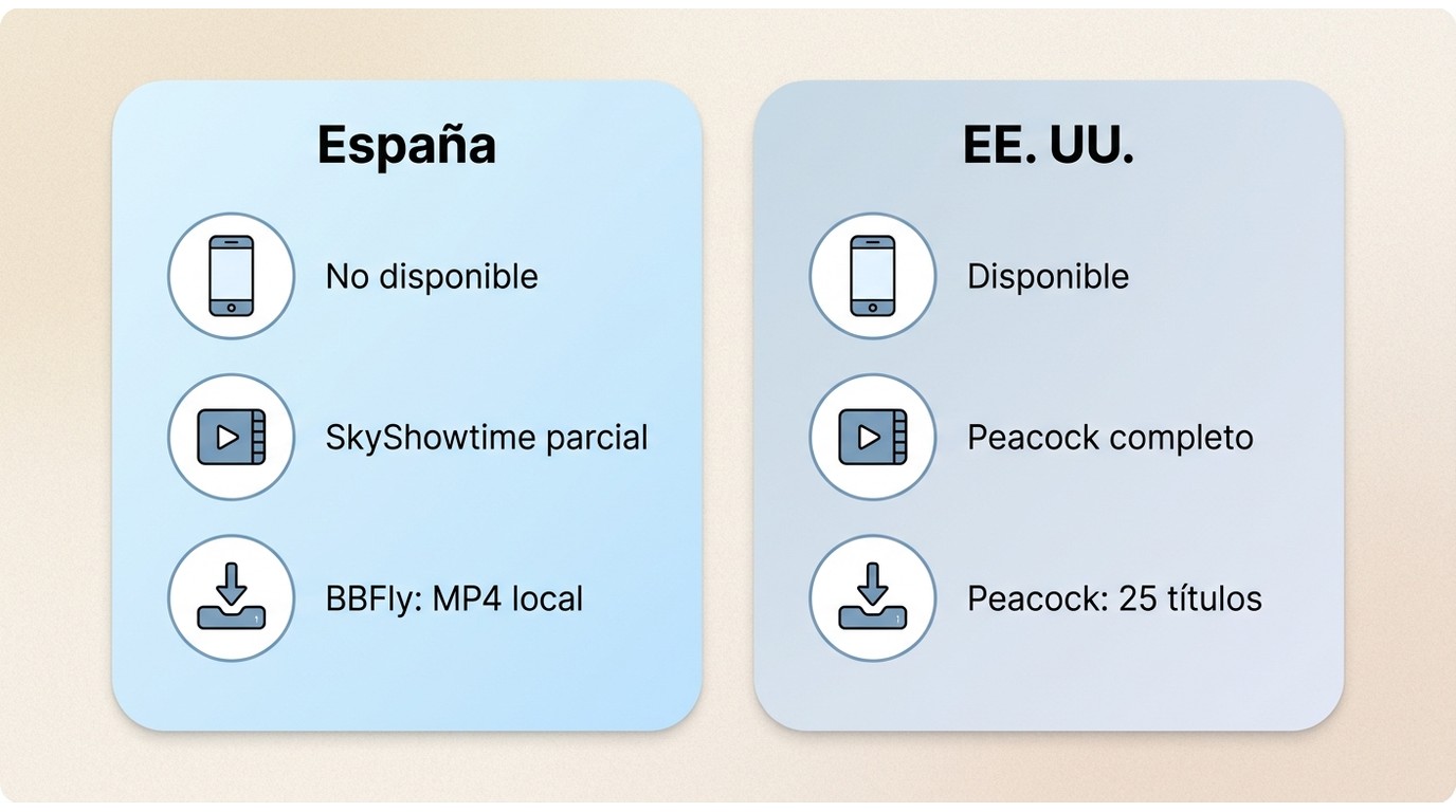 Comparación de acceso a NBC y Peacock entre España y EE. UU., incluyendo SkyShowtime y opciones sin