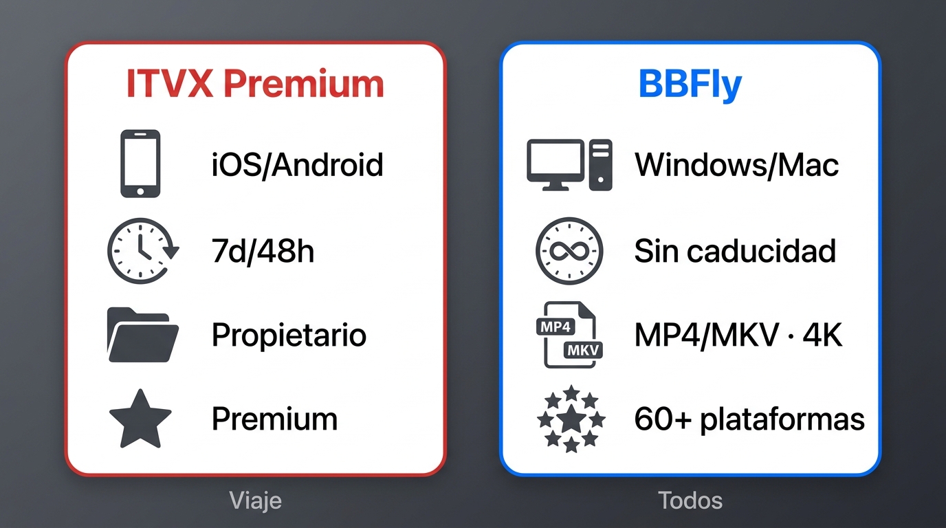 Comparación ITVX Premium vs BBFly: dispositivos, caducidad 7 días/48h, formato MP4/MKV hasta 4K y dó